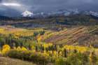 USA-Colorado-Uncompahgre National Forest Storm spotlight shines on Dolores Peak in autumn Art Print
